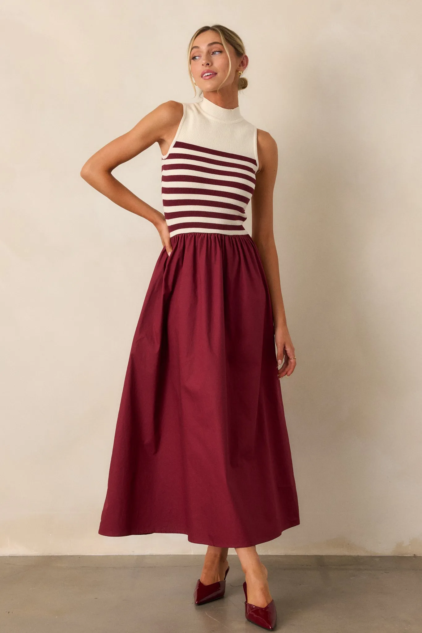 Timeless Treasures Burgundy Sleeveless Striped Maxi Dress