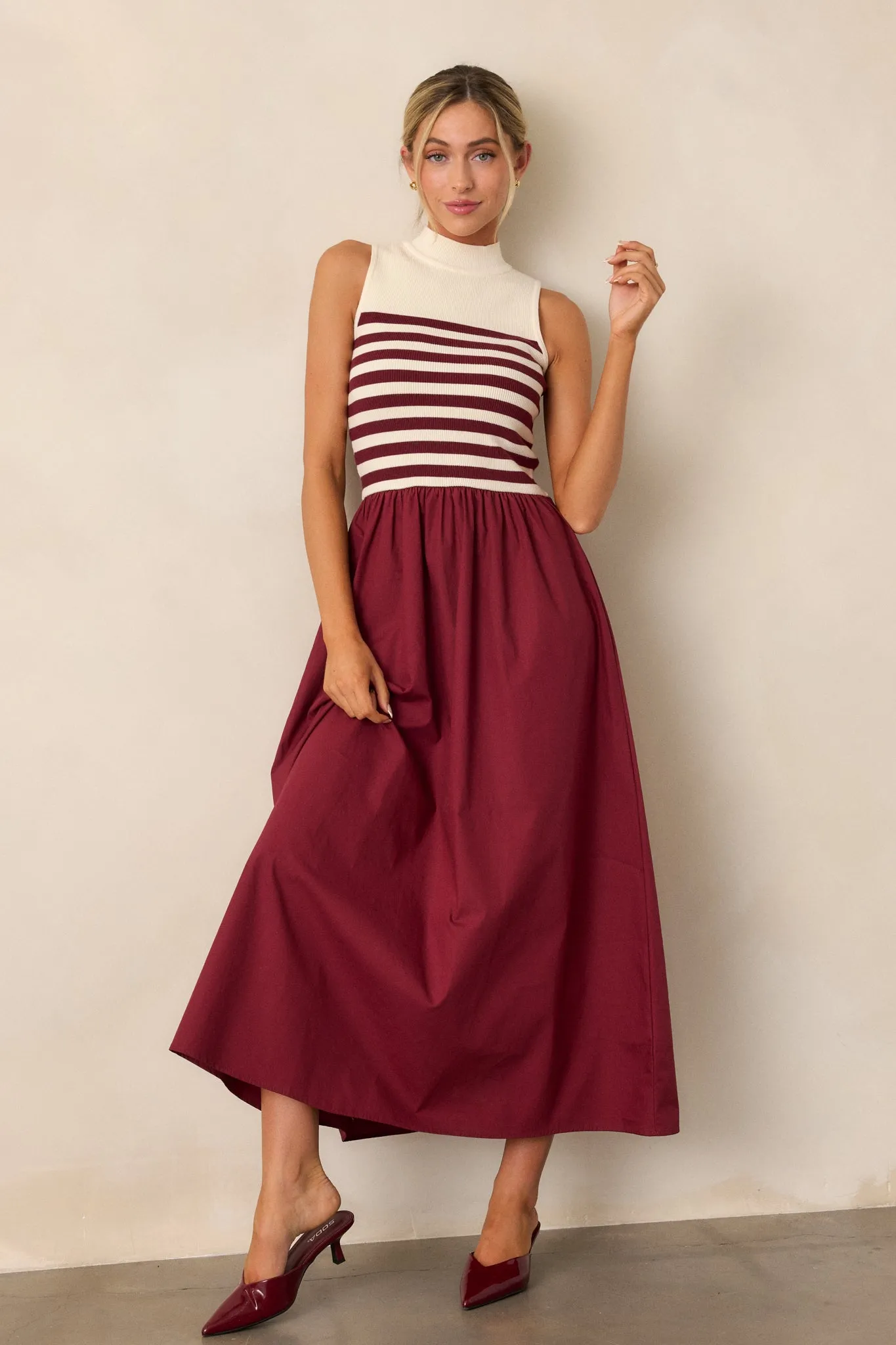 Timeless Treasures Burgundy Sleeveless Striped Maxi Dress