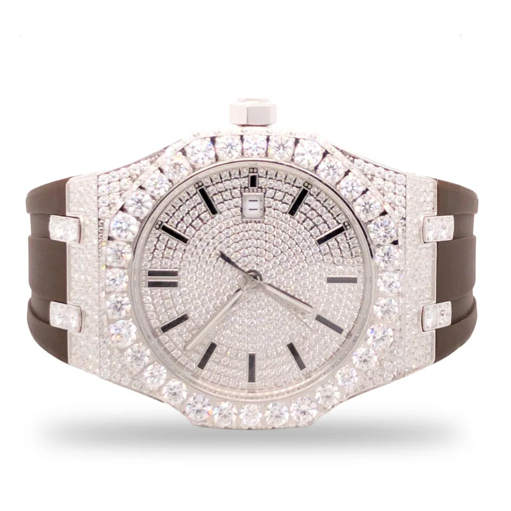VVS Moissanite 9.5ct Brown Silicon Band Half Icedout Mens Watch