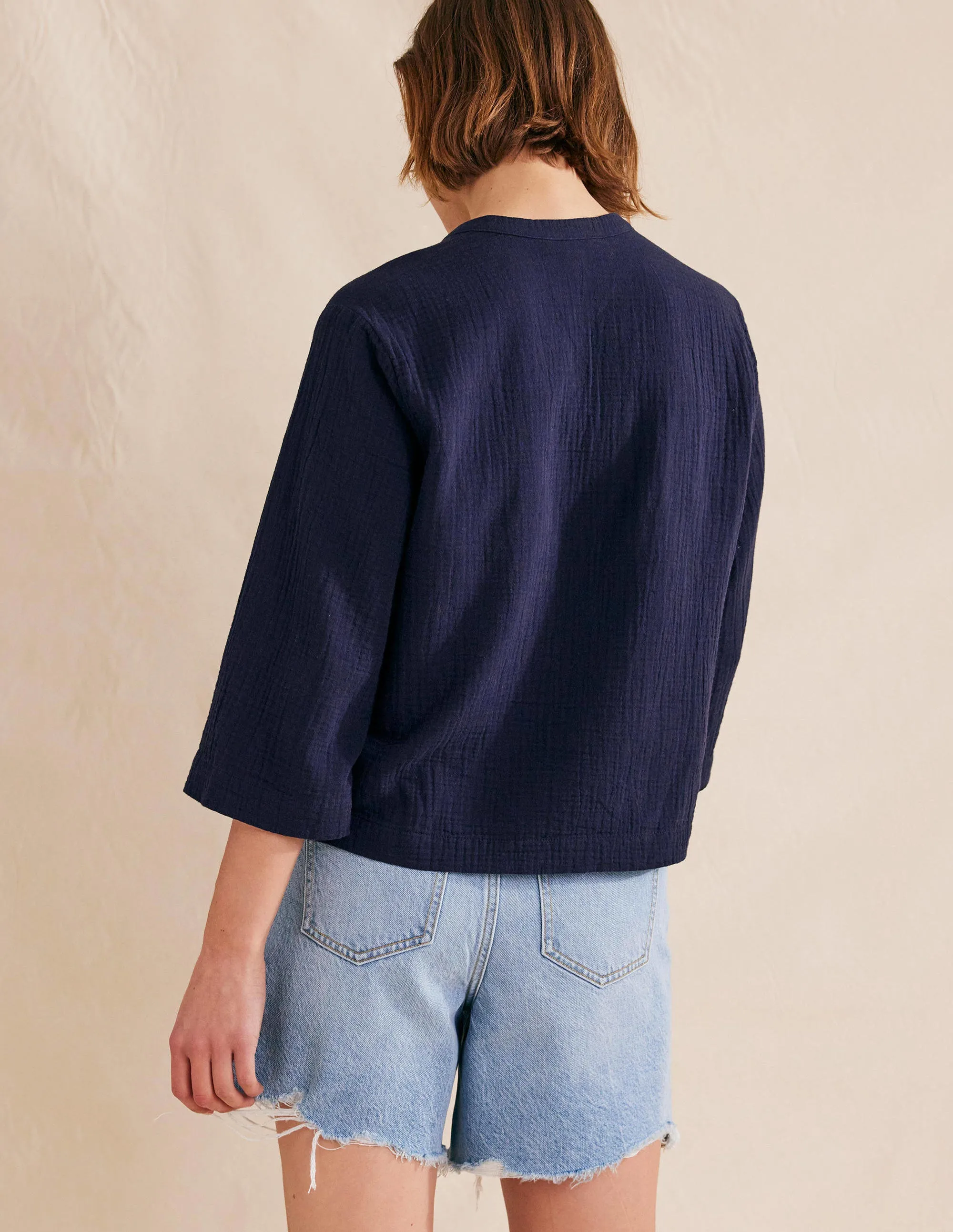 Wide Sleeve Cheesecloth Top-Navy