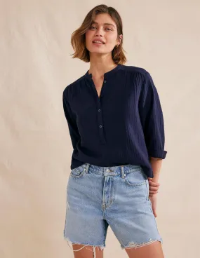 Wide Sleeve Cheesecloth Top-Navy