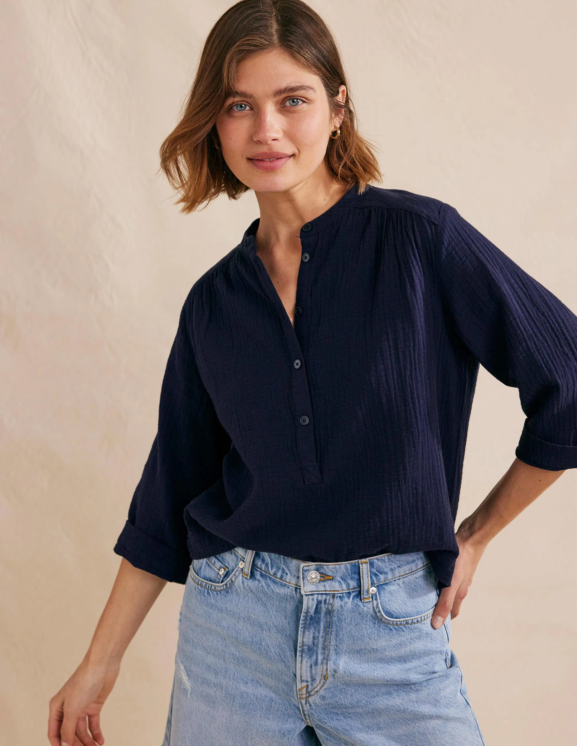 Wide Sleeve Cheesecloth Top-Navy
