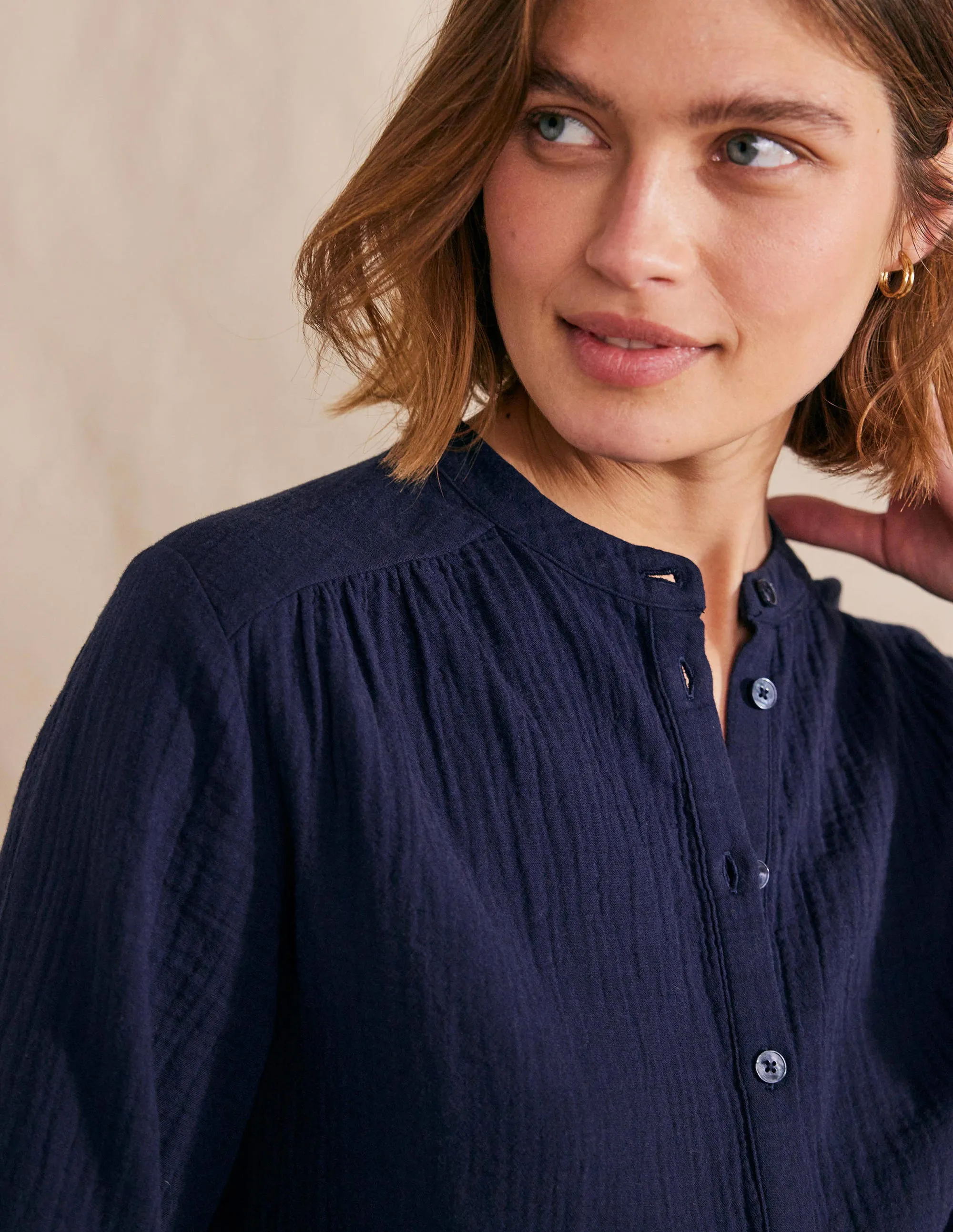 Wide Sleeve Cheesecloth Top-Navy