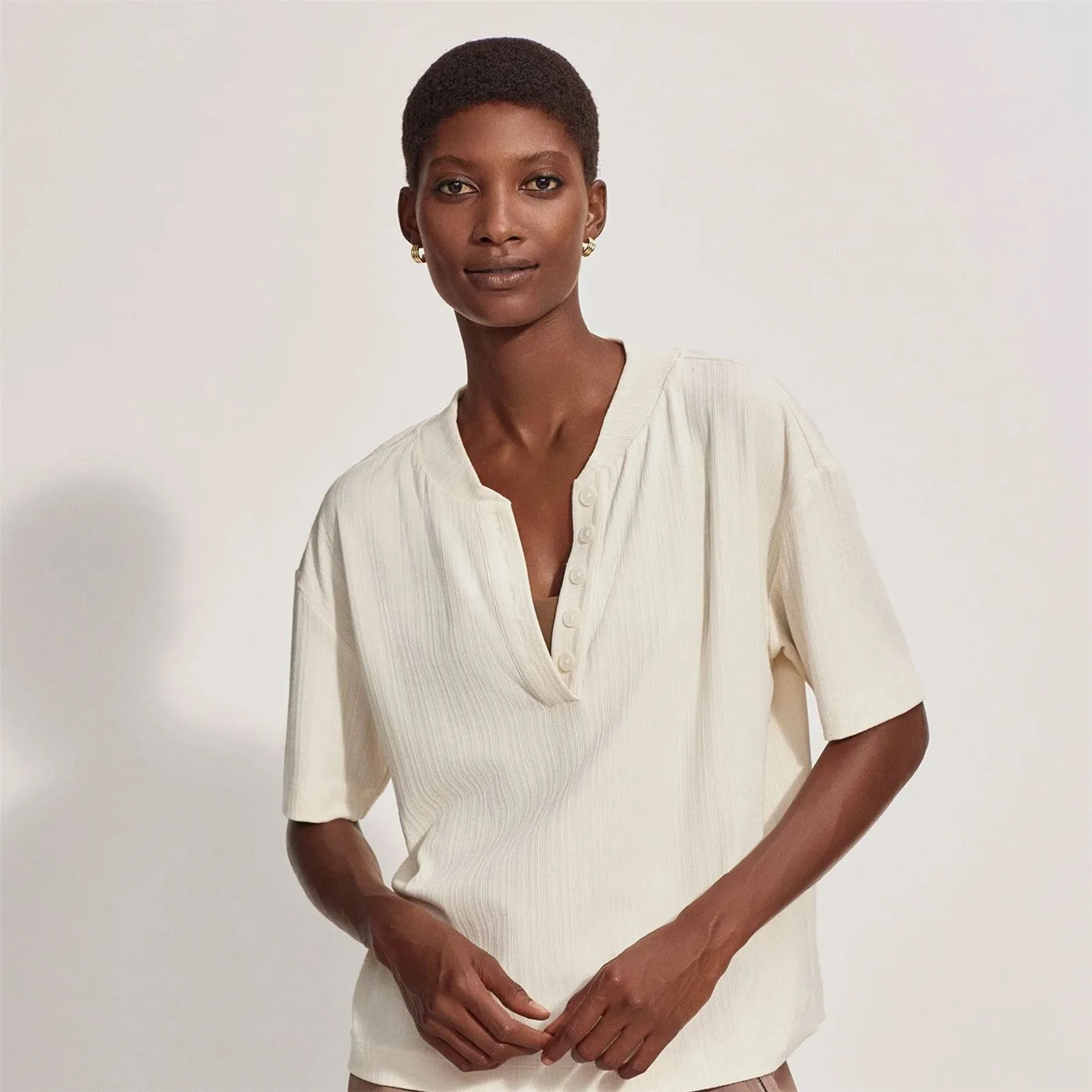 Womens Kasey Mock Placket Ribbed T-Shirt Birch - AW24